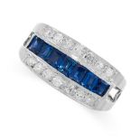 SAPPHIRE AND DIAMOND RING set with a central row of step cut blue sapphires, accented by rows of