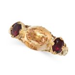 ANTIQUE TOPAZ AND GARNET RING, 19TH CENTURY mounted in yellow gold, rubover set with a cushion