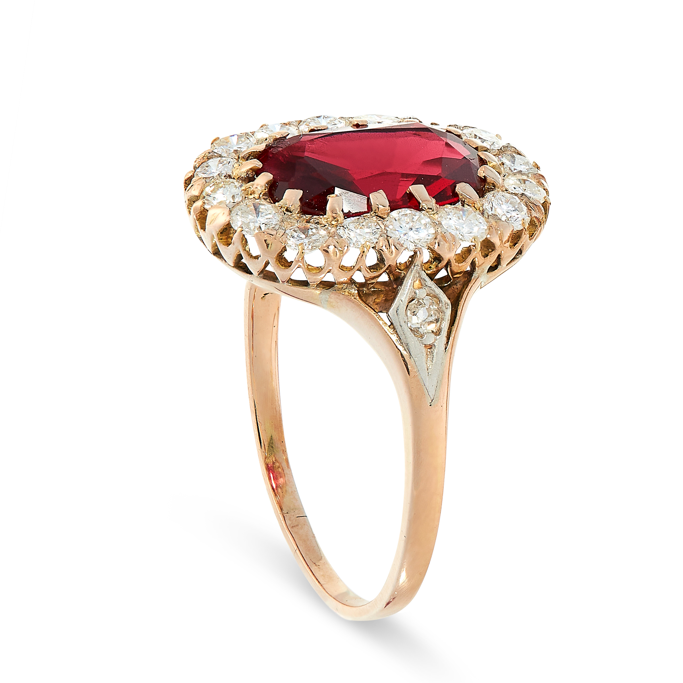 SPINEL AND DIAMOND RING mounted in yellow gold, claw set with a central oval cut red spinel of 2. - Image 2 of 3