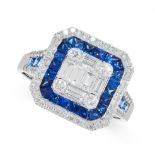 SAPPHIRE AND DIAMOND RING the central cluster composed of baguette and brilliant-cut diamonds,
