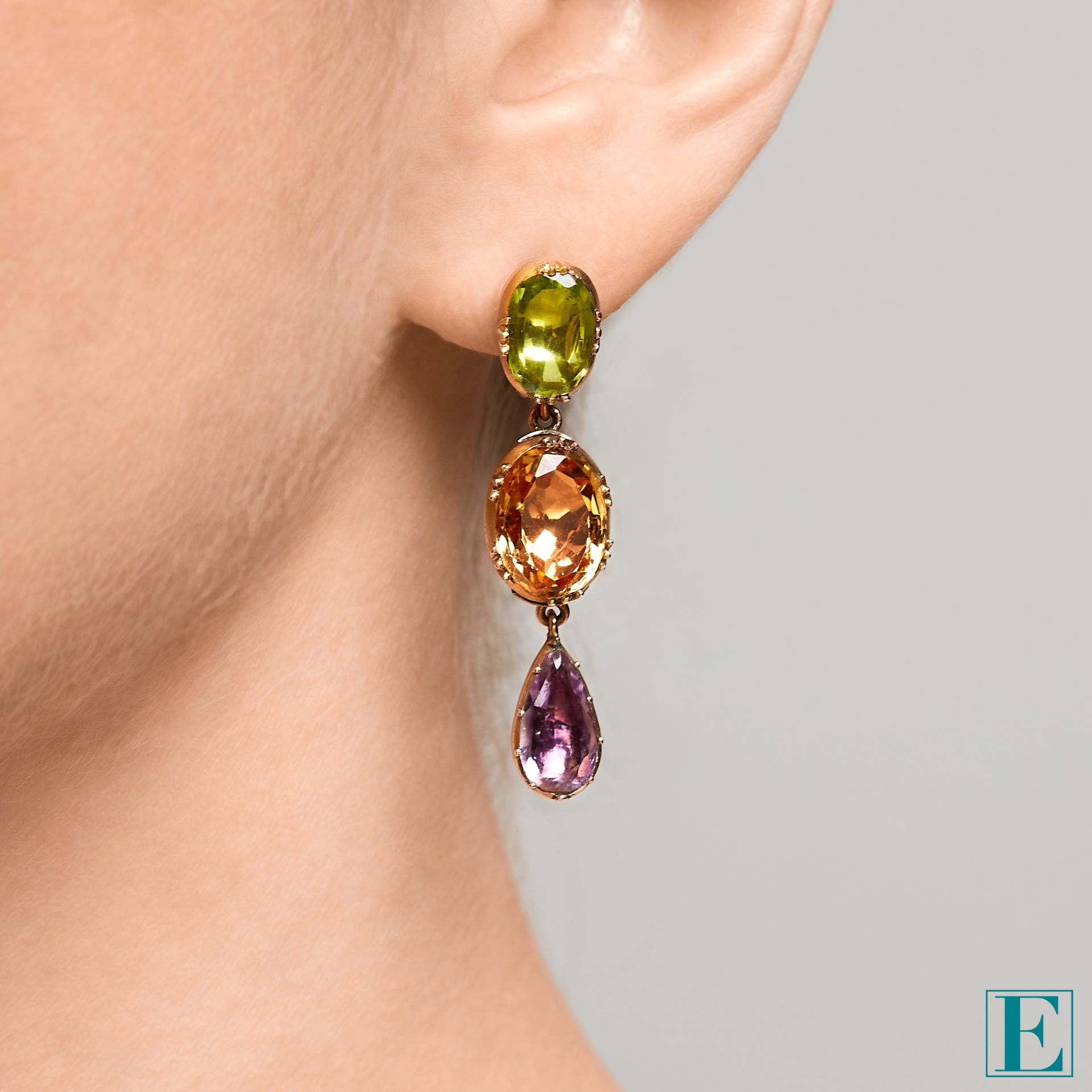 PAIR OF PINK TOPAZ, GOLDEN TOPAZ, PERIDOT AND AMETHYST EARRINGS, 19TH CENTURY, COMPOSITE each of - Image 2 of 3