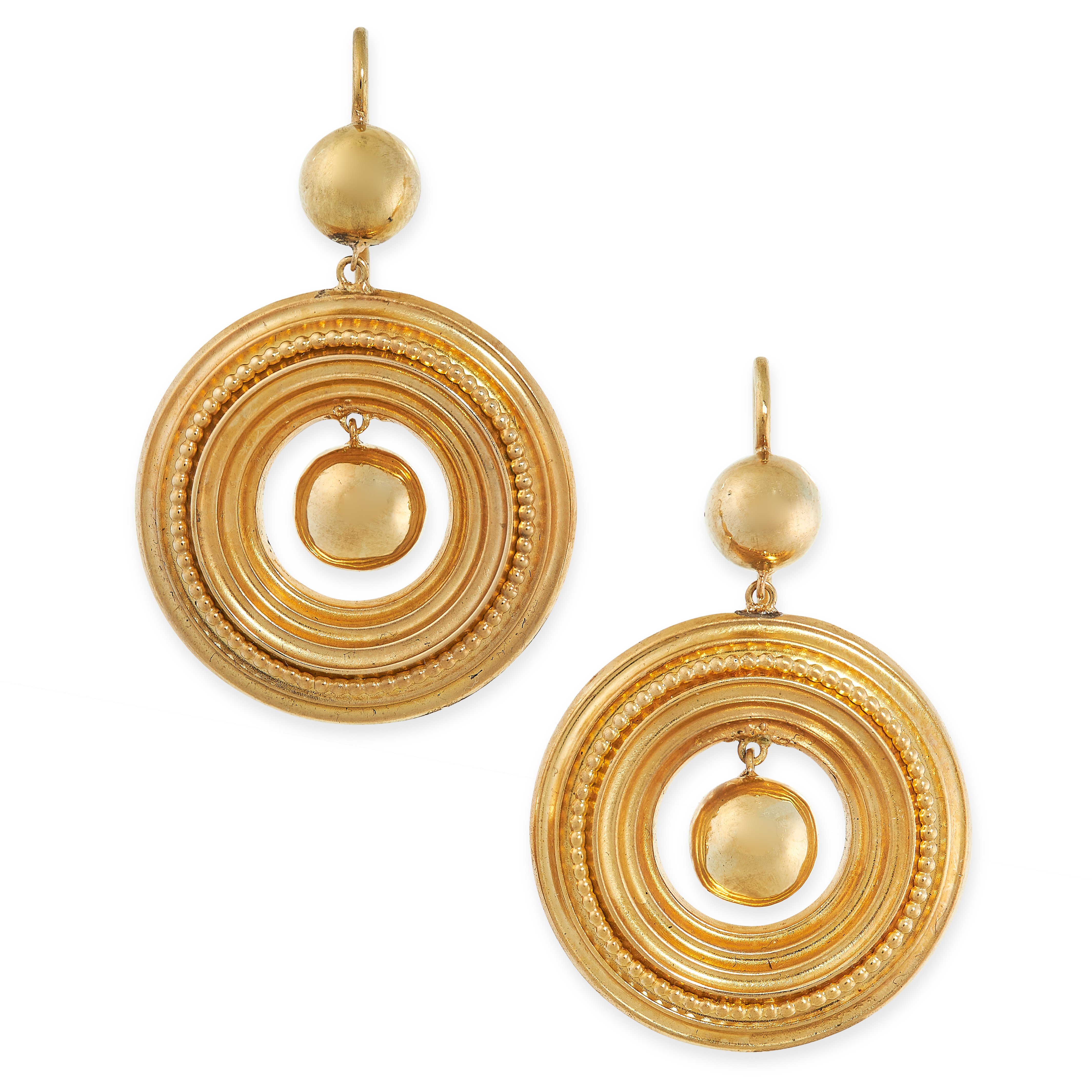 PAIR OF ANTIQUE EARRINGS, 19TH CENTURY mounted in yellow gold, in the revivalist manner, each formed