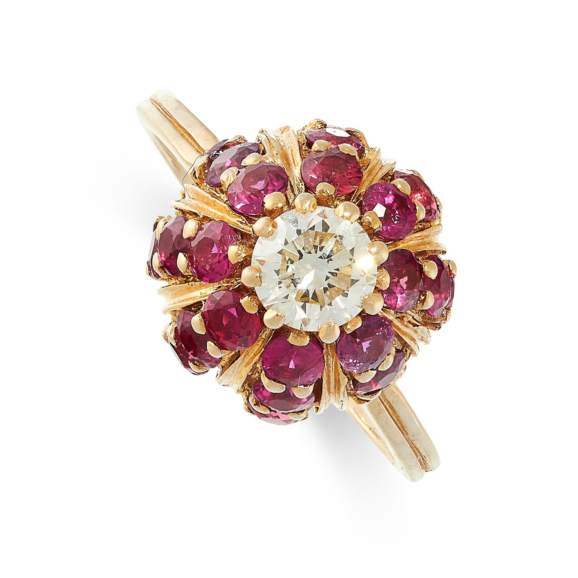 RUBY AND DIAMOND RING of domed design, set with circular-cut rubies and a brilliant-cut diamonds
