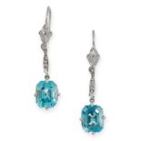 PAIR OF BLUE ZIRCON AND DIAMOND EARRINGS, EARLY 20TH CENTURY each set with an octagonal step cut