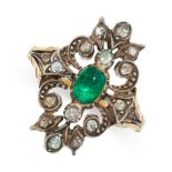 ANTIQUE EMERALD AND DIAMOND RING, 19TH CENTURY mounted in yellow gold and silver, the openwork