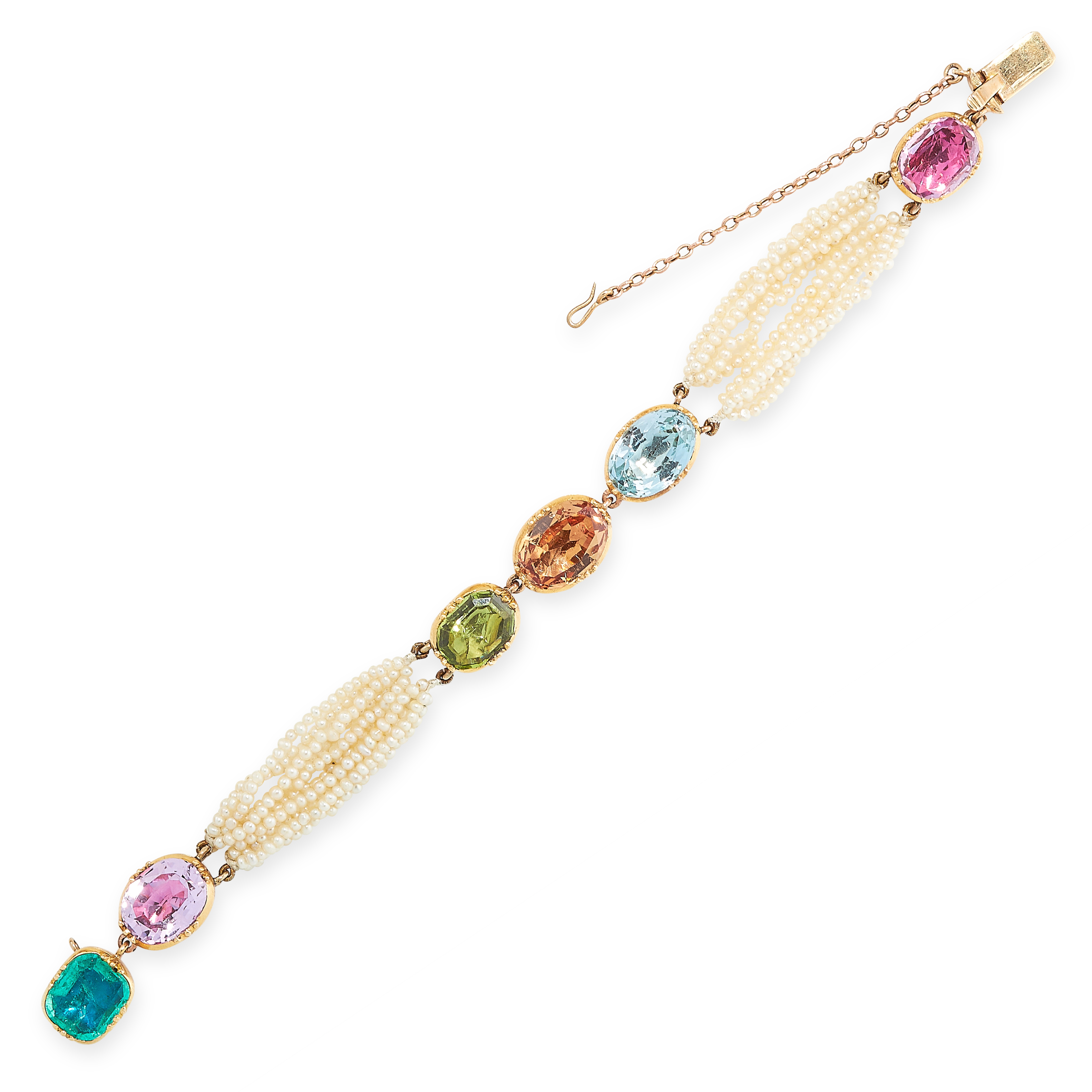 EMERALD, AQUAMARINE, PINK & GOLDEN TOPAZ, PERIDOT AND SEED PEARL BRACELET, 19TH CENTURY, COMPOSITE