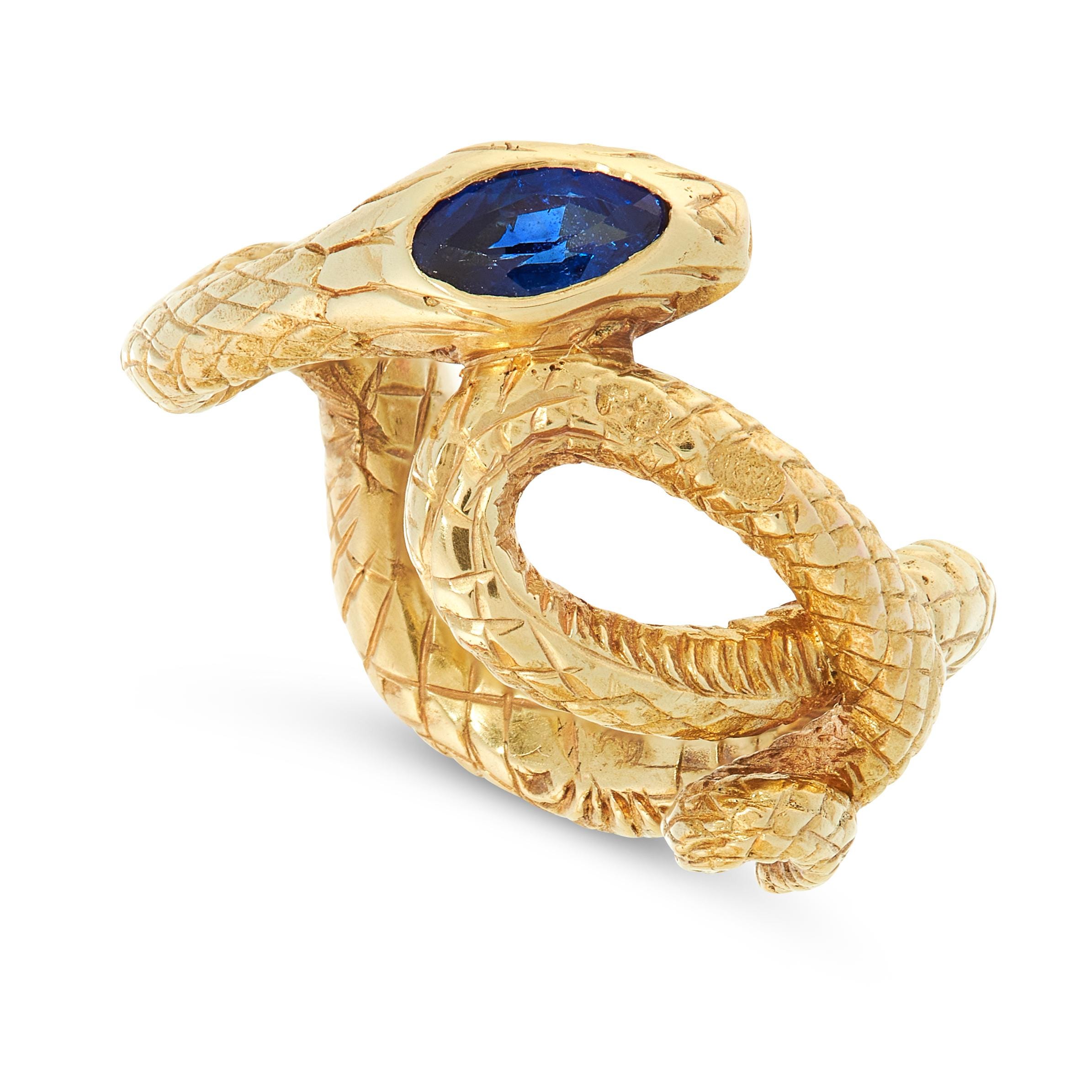 AN ANTIQUE SAPPHIRE SNAKE RING, RUSSIAN CIRCA 1905 in yellow gold, designed as the body of a snake - Image 2 of 2