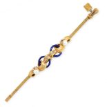 ANTIQUE PEARL, DIAMOND AND ENAMEL BRACELET in yellow gold, the scrolling body with two central