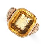 ANTIQUE CITRINE INTAGLIO SEAL RING in yellow gold, set with an emerald cut citrine, the face reverse