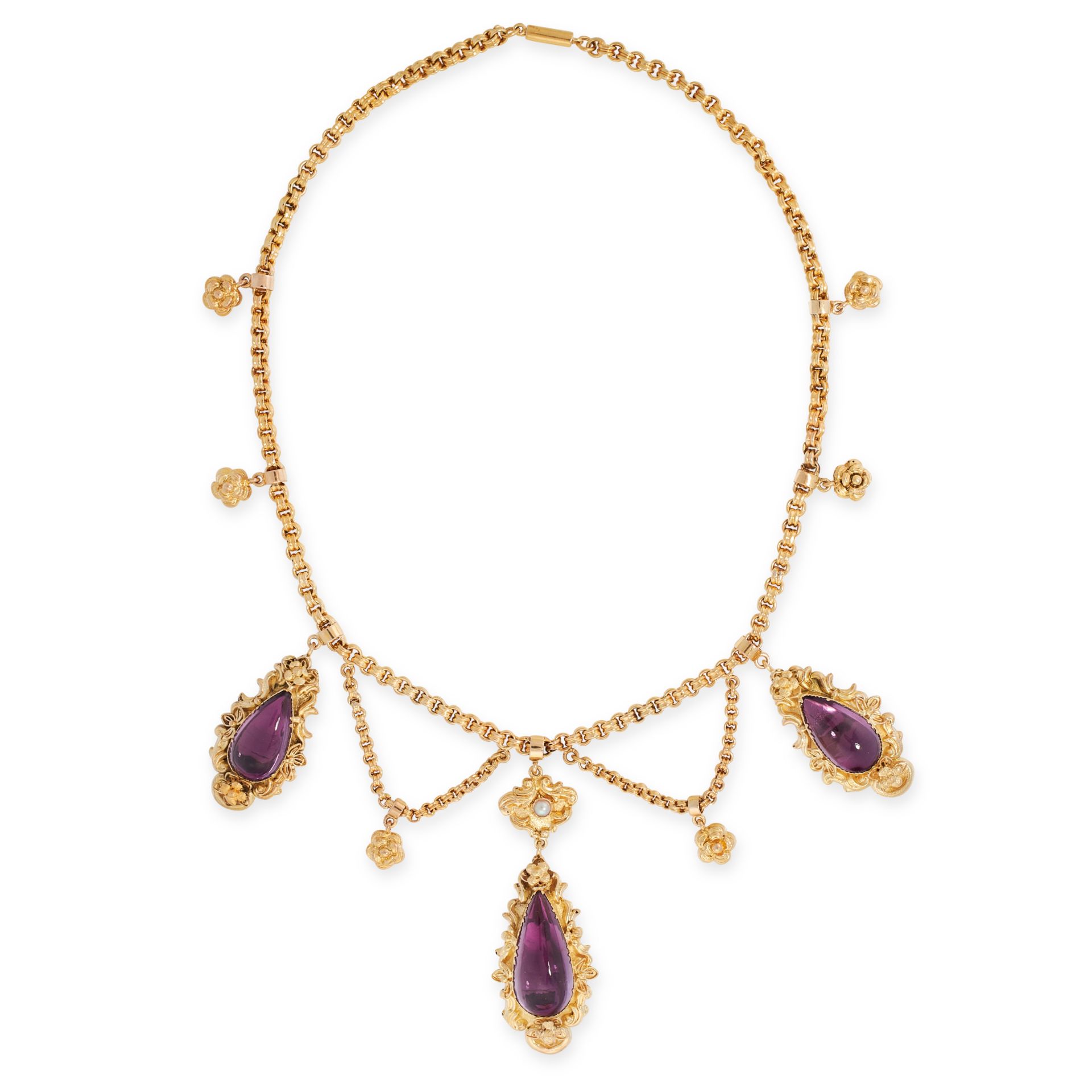 ANTIQUE AMETHYST AND PEARL NECKLACE, 19TH CENTURY in 15ct yellow gold, the fancy link necklace