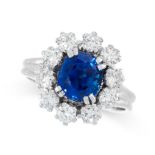 UNHEATED SAPPHIRE AND DIAMOND RING claw-set with a cushion-shaped sapphire weighing 1.89 carats,