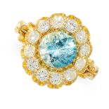 AQAUAMARINE AND DIAMOND RING mounted in yellow gold, set with a central circular cut aquamarine of