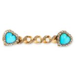 ANTIQUE TURQUOISE, PEARL AND DIAMOND BROOCH, 19TH CENTURY in yellow gold, the twisted bar set with a