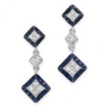PAIR OF SAPPHIRE AND DIAMOND EARRINGS, VAN CLEEF & ARPELS each of pendent design, adapted from a