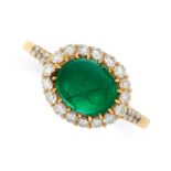 EMERALD AND DIAMOND DRESS RING mounted in yellow gold, claw set with an oval cabochon emerald of 2.