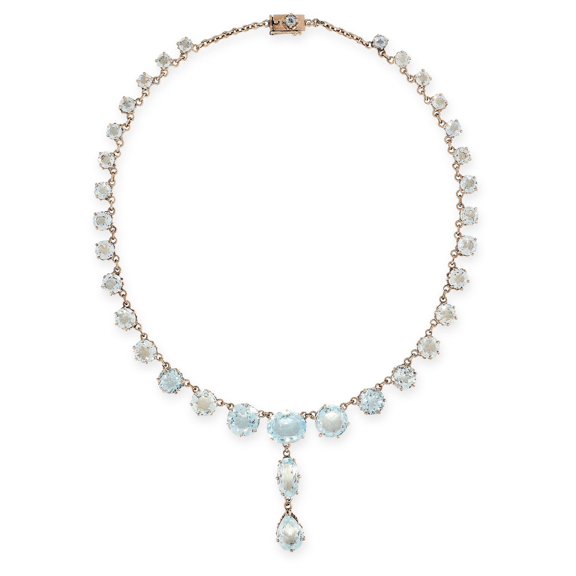 AQUAMARINE RIVIERE NECKLACE mounted in 18ct gold, formed of a row of thirty-one graduated oval cut