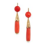 PAIR OF ANTIQUE CORAL EARRINGS mounted in yellow gold, each designed as a tapering polished coral