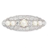A DIAMOND AND PEARL BROOCH the oval body is set with five pearls ranging from 6.1mm - 8.8mm in