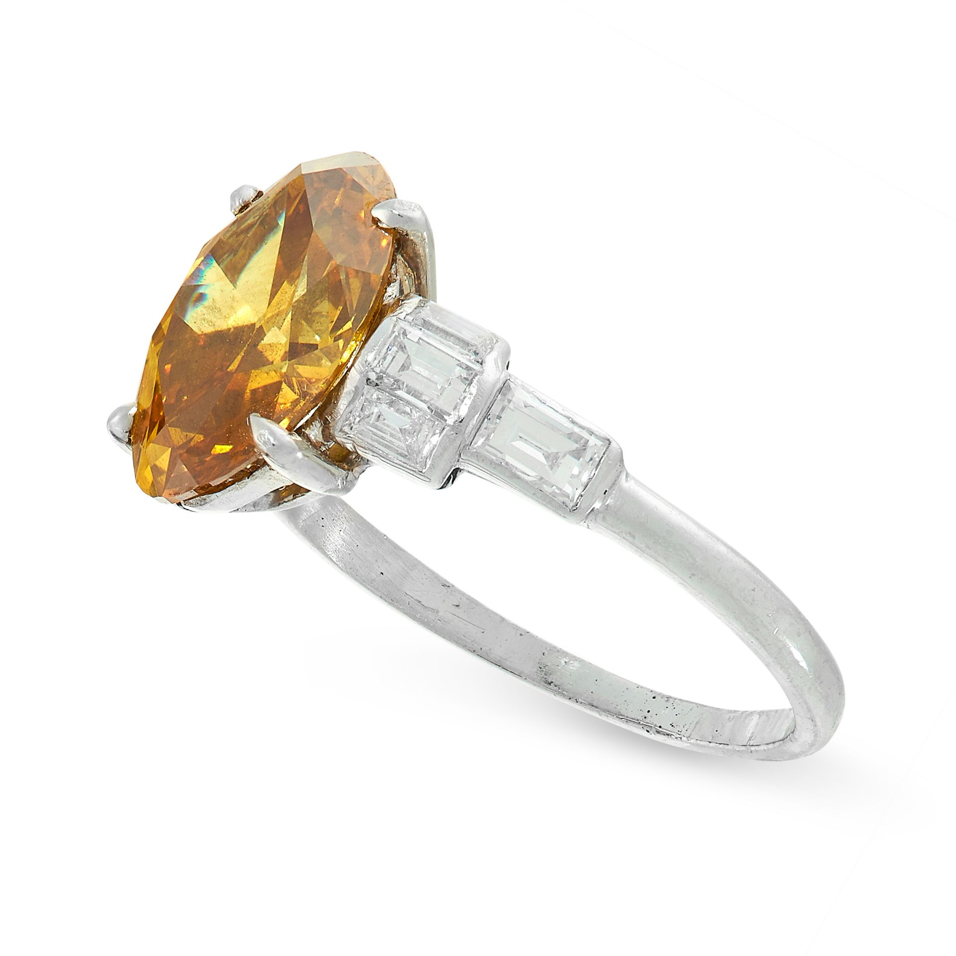 BROWNISH YELLOW DIAMOND AND DIAMOND RING claw-set with a marquise-shaped diamond of brownish - Image 2 of 2