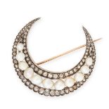 AN ANTIQUE NATURAL PEARL AND DIAMOND CRESCENT MOON BROOCH, 19TH CENTURY in 18ct yellow gold and