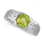 A PERIDOT AND DIAMOND RING comprising of an octagonal cut peridot of 1.50 carats, between two