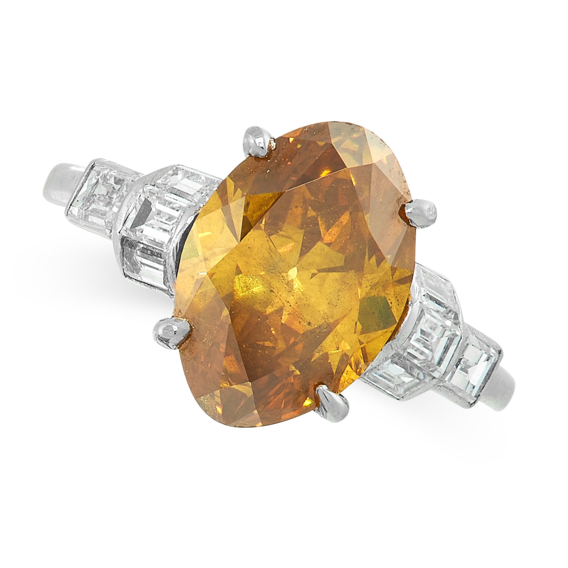 BROWNISH YELLOW DIAMOND AND DIAMOND RING claw-set with a marquise-shaped diamond of brownish