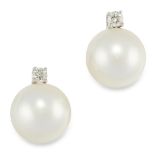 PAIR OF PEARL AND DIAMOND EARRINGS in 18ct white gold, each set with a round cut diamond, above a