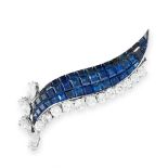 VINTAGE SAPPHIRE AND DIAMOND BROOCH, 1960S of foliate design, set with calibre-cut sapphires in