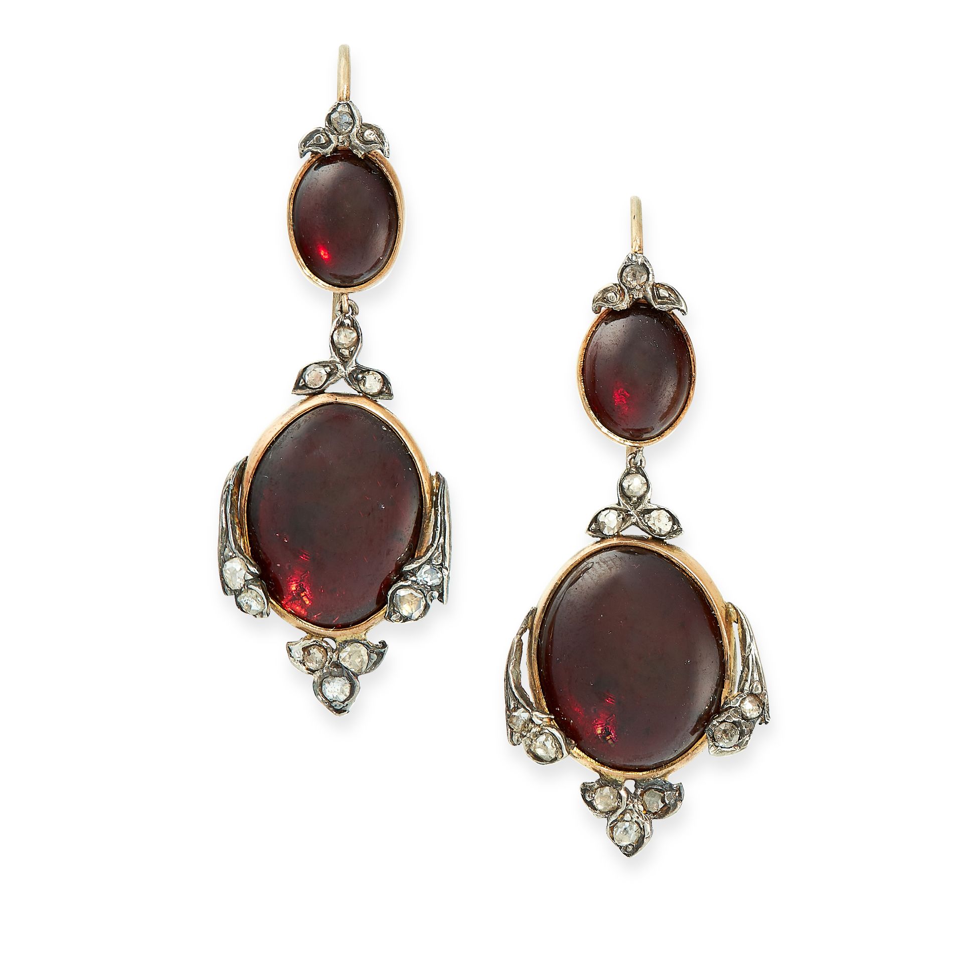 PAIR OF ANTIQUE GARNET AND DIAMOND EARRINGS, 19TH CENTURY mounted in yellow gold and silver, the