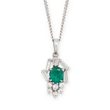 EMERALD AND DIAMOND PENDANT AND CHAIN mounted in 18ct white gold, the pendant set with an oval cut