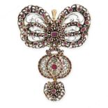 ANTIQUE RUBY AND ENAMEL PENDANT, 17TH CENTURY AND LATER designed as a bow of foliate scroll work,