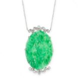 ART DECO JADEITE AND DIAMOND PENDANT, 1920S AND LATER set with an oval jadeite plaque carved with