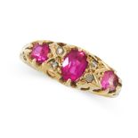 ANTIQUE SYNTHETIC RUBY AND DIAMOND RING, EARLY 20TH CENTURY set with one oval and two circular-cut