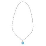 BLUE TOPAZ PENDANT AND CHAIN mounted in white gold, set with an oval cut blue topaz within a