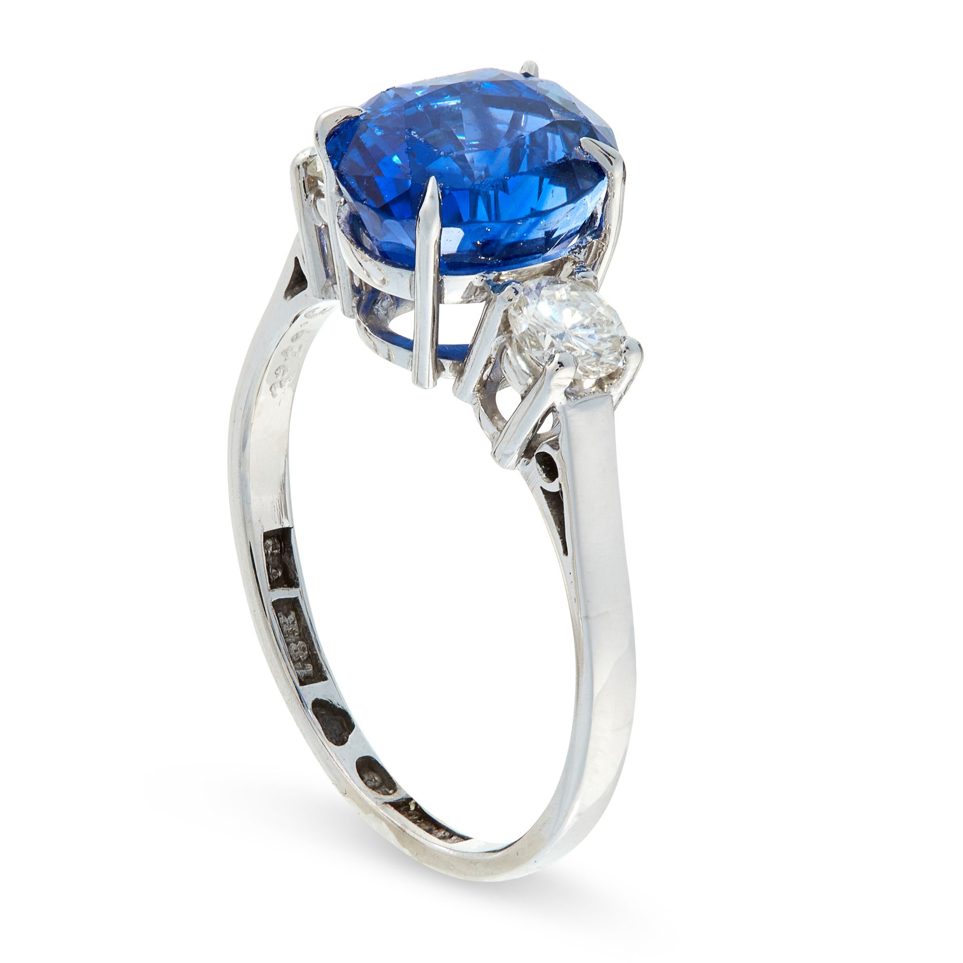 SAPPHIRE AND DIAMOND RING claw-set with a cushion-shaped sapphire weighing 3.67 carats, between - Image 2 of 2