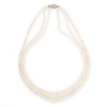 PEARL AND DIAMOND NECKLACE designed as three rows of graduated pearls measuring 2.8-7.6mm