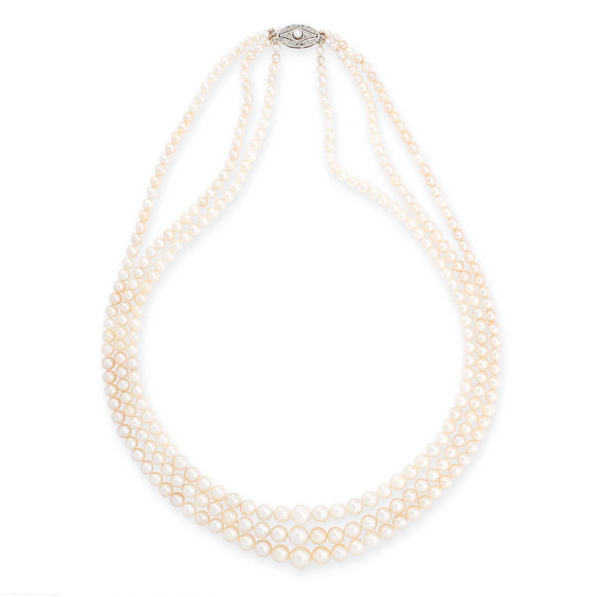 PEARL AND DIAMOND NECKLACE designed as three rows of graduated pearls measuring 2.8-7.6mm