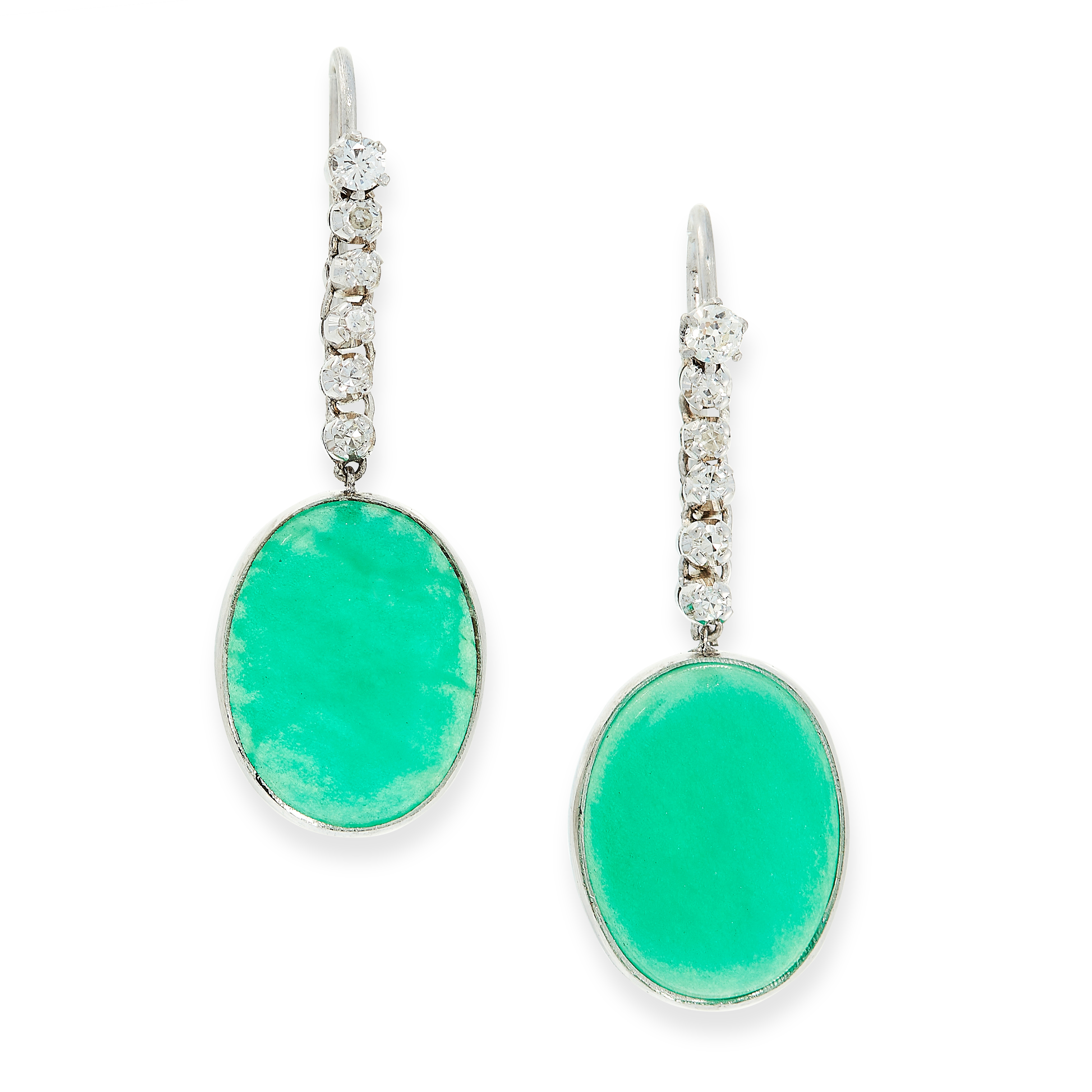 PAIR OF AGATE AND DIAMOND EARRINGS each set with an oval cabochon green agate, suspended below