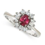 RUBY AND DIAMOND RING of cluster design, claw-set with an oval ruby within a border of brilliant-cut