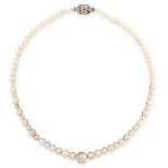 NATURAL SALTWATER PEARL AND DIAMOND NECKLACE comprising of a single strand of 73 pearl beads,