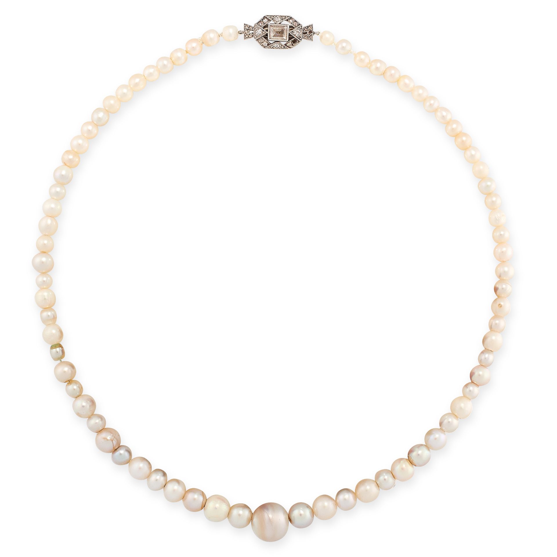 NATURAL SALTWATER PEARL AND DIAMOND NECKLACE comprising of a single strand of 73 pearl beads,