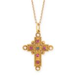 GEMSET CROSS PENDANT AND CHAIN mounted in yellow gold, the pendant designed as a cross set with