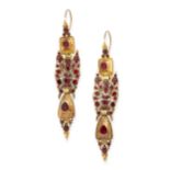 PAIR OF IBERIAN ALMANDINE GARNET EARRINGS of elongated pendent design, the surmounts and pendants