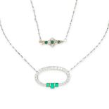 EMERALD, DIAMOND AND SEED PEARL NECKLACE the annular pendant of oval outline, set with cushion-