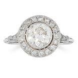 A DIAMOND DRESS RING set with a central round cut diamond of 1.32 carats in a halo of round cut