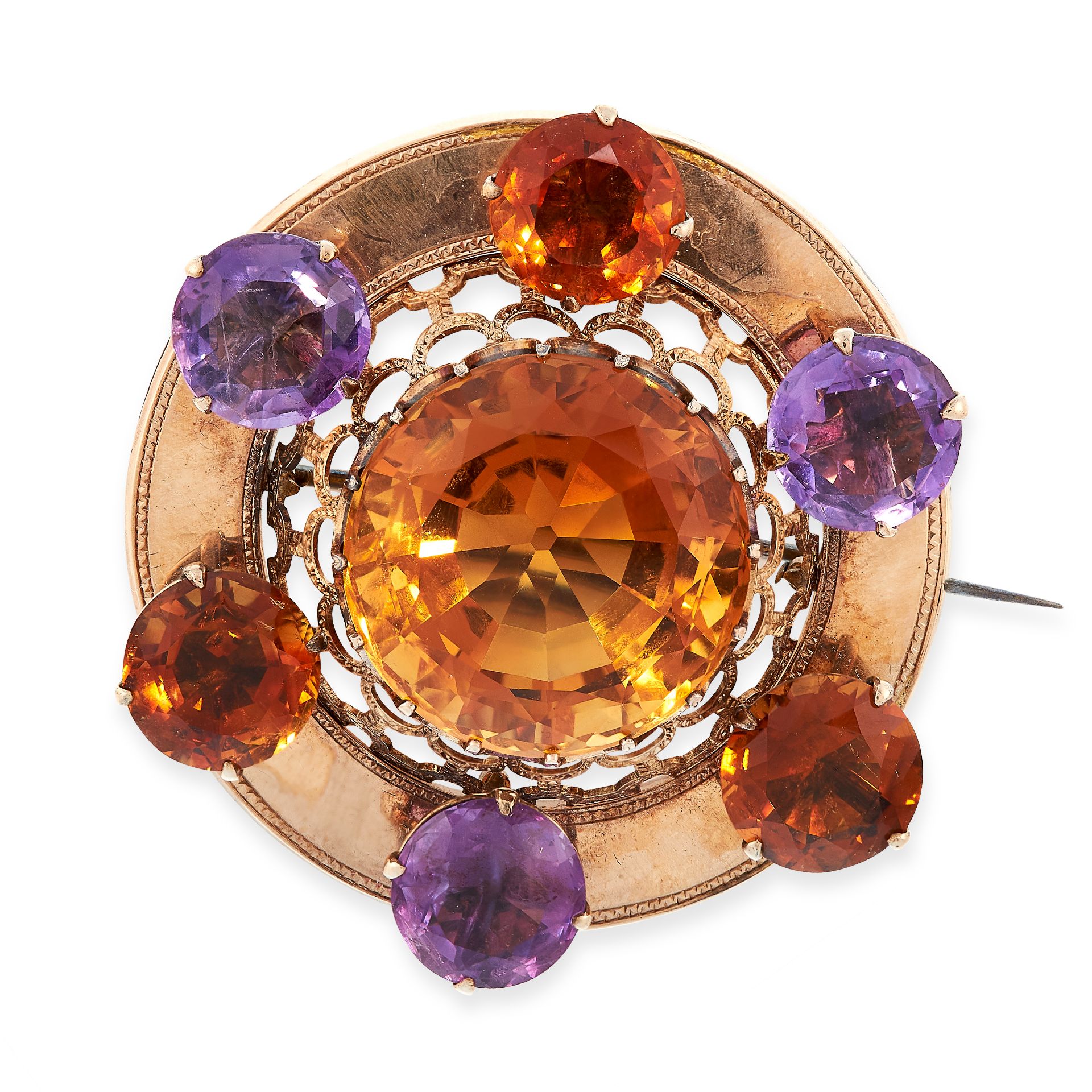 ANTIQUE VICTORIAN SCOTTISH CITRINE AND AMETHYST BROOCH in circular form, set with a central round