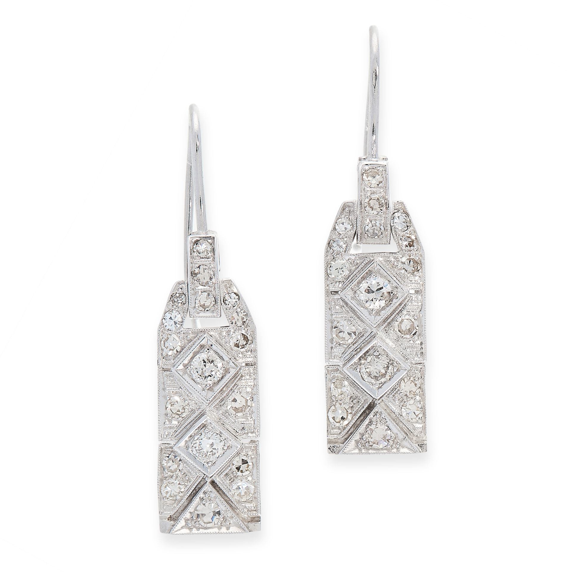 PAIR OF DIAMOND EARRINGS each of pendent design, composed of articulated geometric linking,