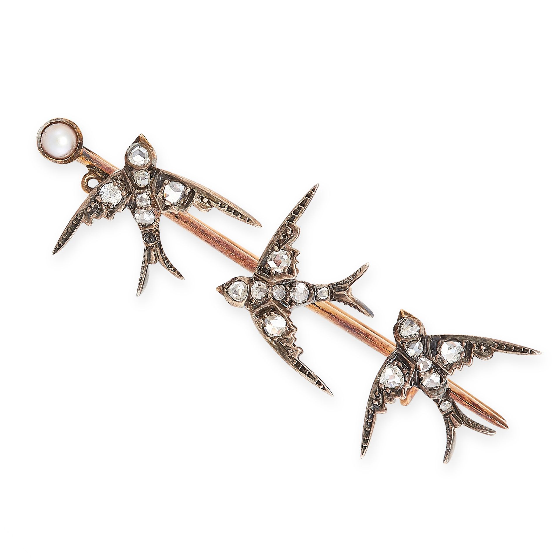 ANTIQUE DIAMOND AND PEARL SWALLOW BROOCH, 19TH CENTURY mounted in yellow gold and silver, of bar