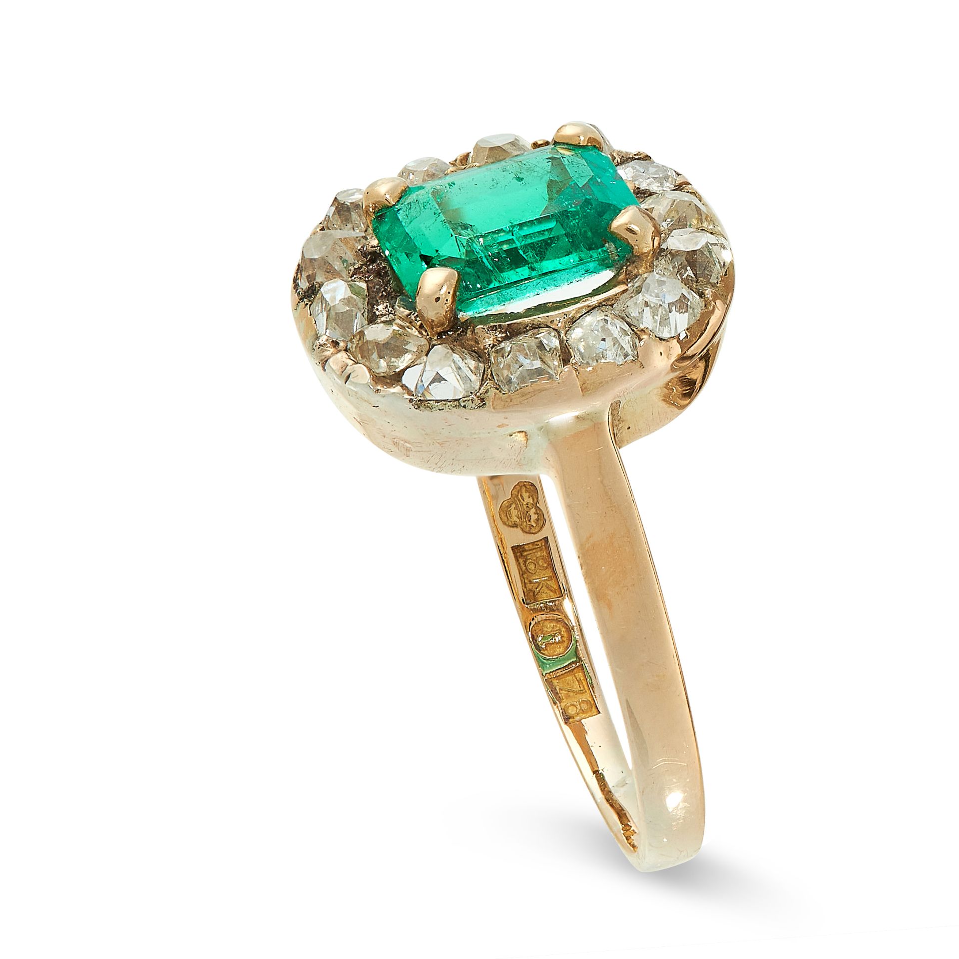 EMERALD AND DIAMOND RING of cluster design, set with a step-cut emerald estimated to weigh - Image 2 of 2