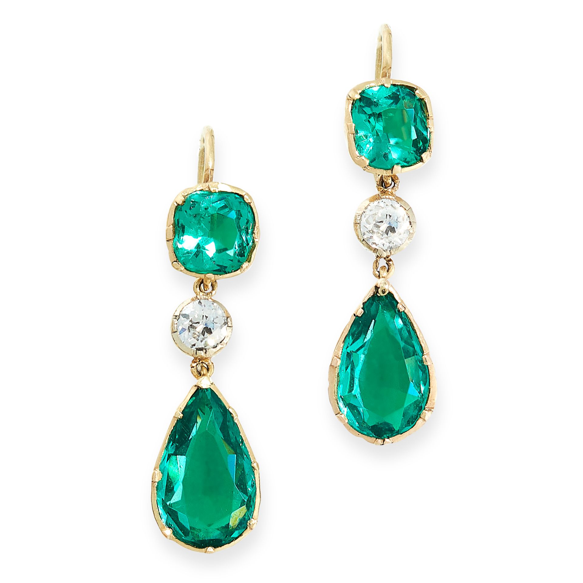 PAIR OF ANTIQUE GREEN STONE AND DIAMOND EARRINGS mounted in yellow gold, each set with a pear cut